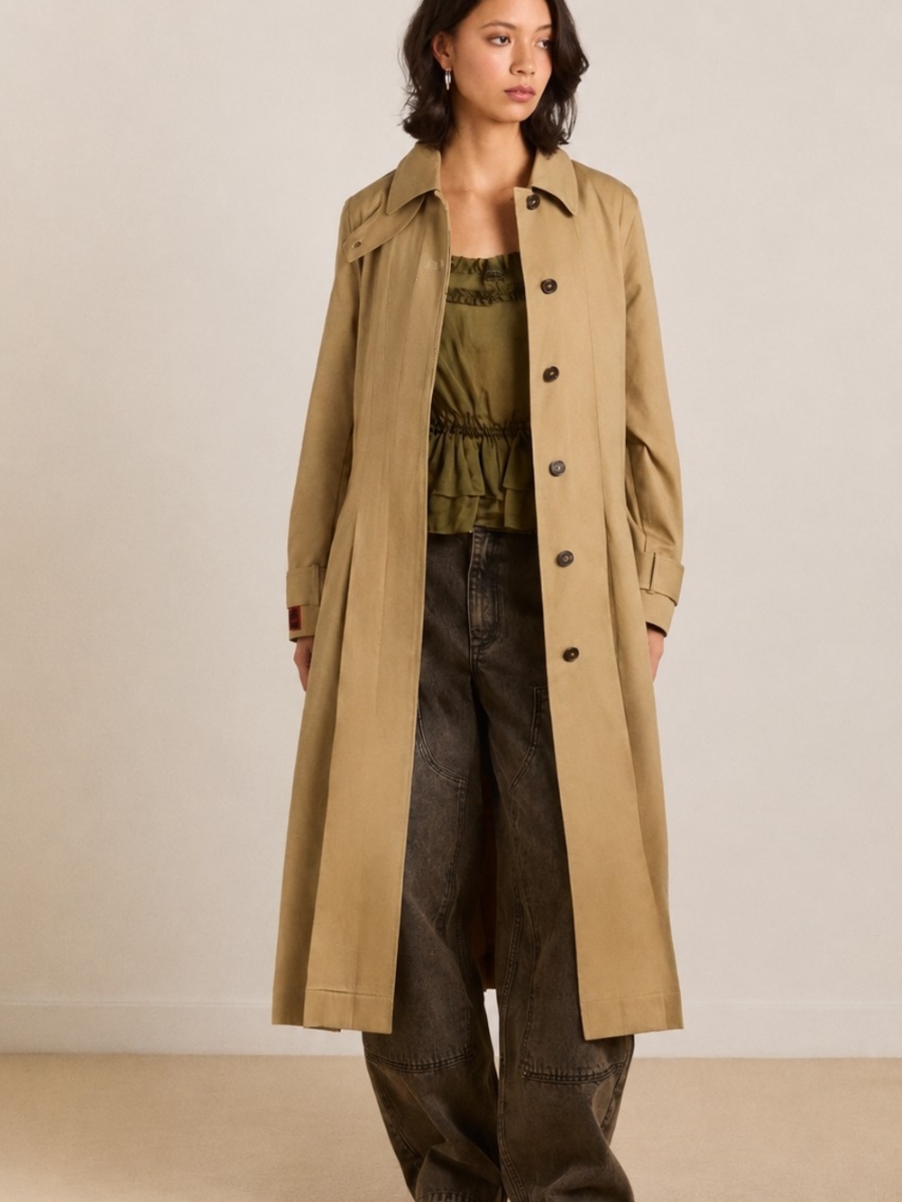 Damson Madder Sofia Pleated A-Line Trench Coat in Light Stone - Picture 2 of 3
